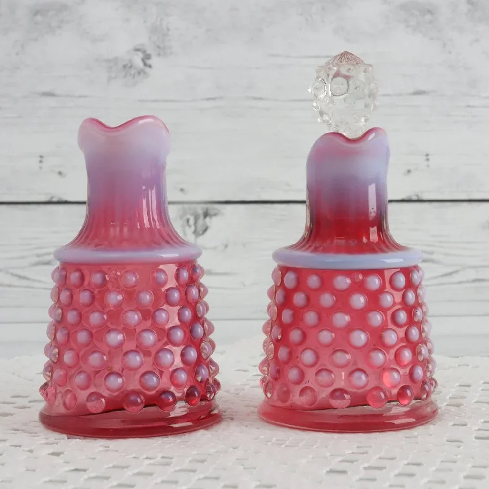 Vintage Fenton Oil Cruet & Stopper and Handled Cruet Hobnail Cranberry Set
